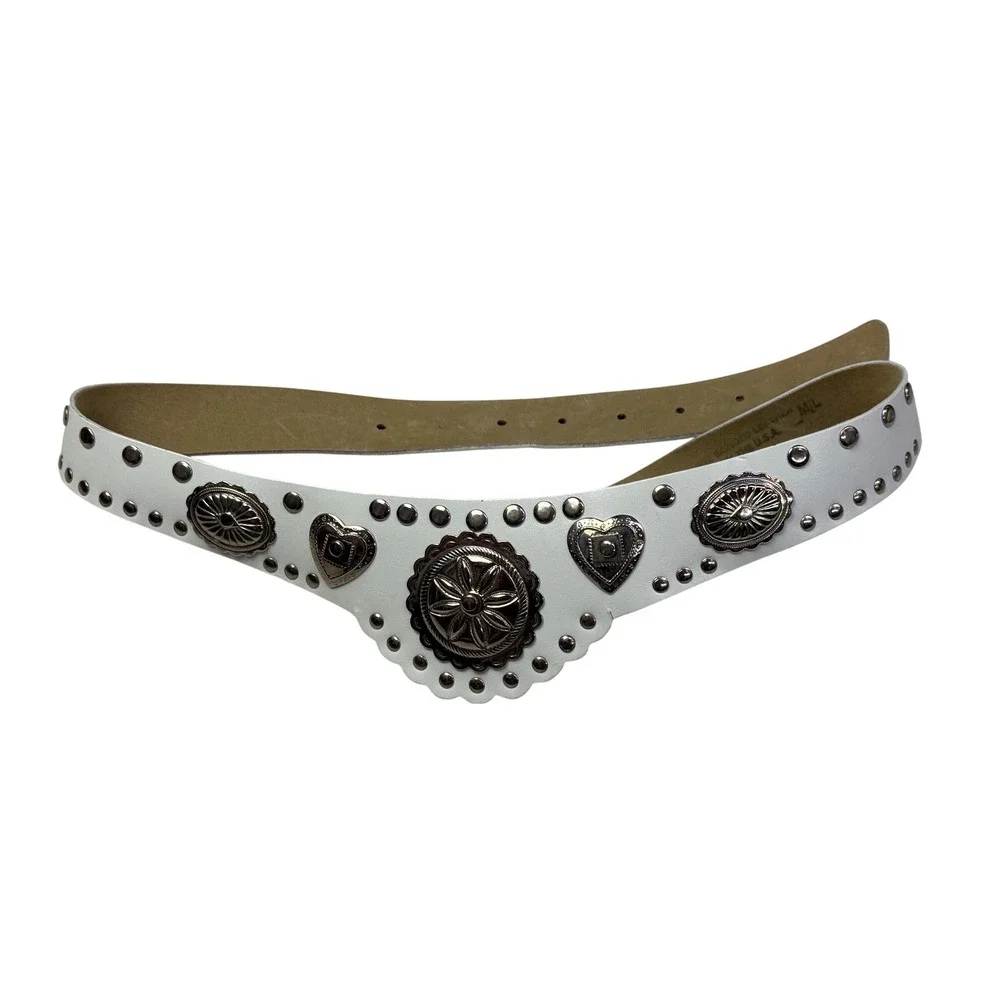 White Bonded Leather Western Concho V-Shape Studded Belt Made in USA Small - Picture 2 of 5